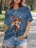 [Printed Pants - Not Faux Denim Fabric]Women'S Imitation Faux Denim Round Neck Short-Sleeved T-Shirt, Embroidered Print Cute Cat Butterfly Small Flower Ripped Print Casual Top, Versatile Retro Age-Reducing Daily Outing Wear Top - Mixed colors