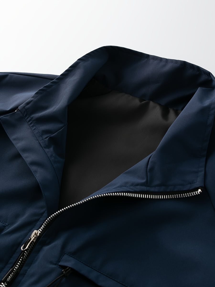 Men'S Solid Color Stand-Collar Jacket, Street Casual Campus Outing Style, Lightweight Windproof Practical Fabric, Minimalist All-Match Cargo Style, Spring/Autumn Standard Fit - 637 - Deep Blue
