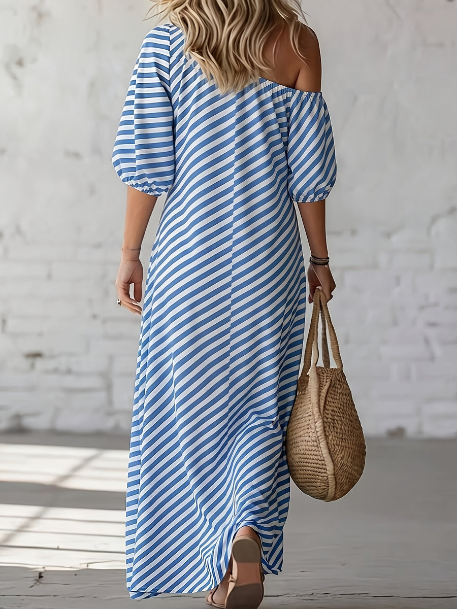 Women'S Elegant Asymmetrical Shoulder Stripe Long Dress, Summer Bohemian Vacation Loose Short Sleeve Maxi Skirt - Vibrant Blue
