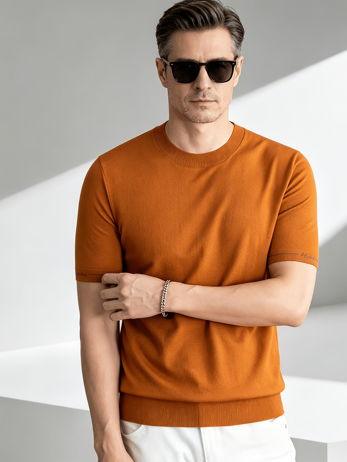 Business-casual Men's Crew Neck Short-sleeve Knit T-shirt, Slim-fit Lightweight and Breathable Knit Top, with Contrast-color Stitching and Letter Embroidery on the Cuffs, Suitable for Daily Wear, Office, and Weekend Outings in Summer - Emma Orange