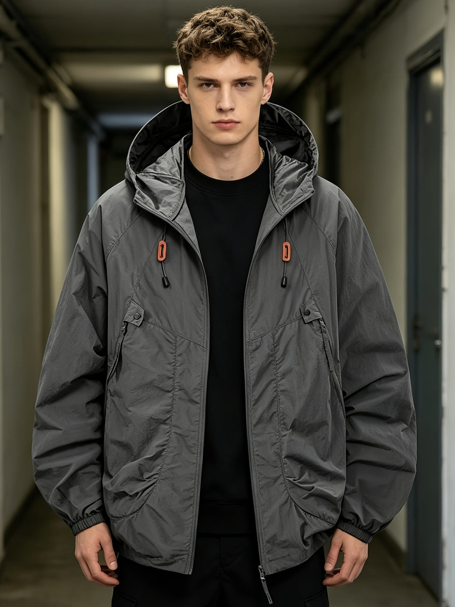 Men'S Spring Autumn Hooded Solid Pocket Jacket Sunscreen Top, Suitable for Outdoor Running Sports Commuting - 2390-Cement Gray