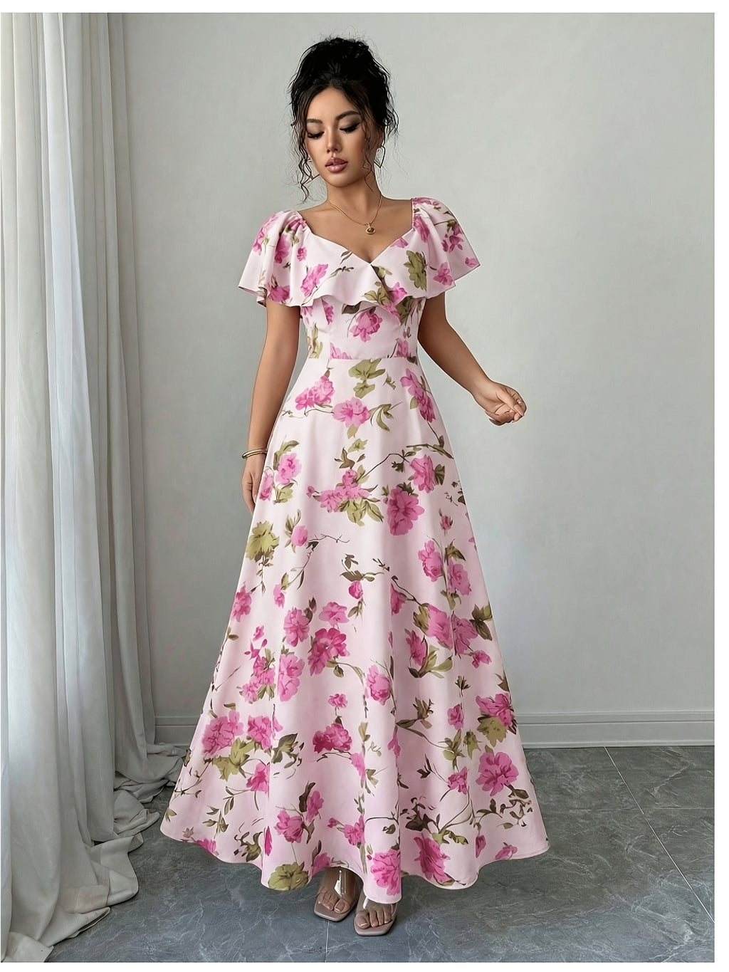 Elegant, Exquisite and Fashionable Floral Print Ruffle Flutter Sleeve A-line Long DressWaist-cinching Figure-flattering Maxi Dress, Women's Bridesmaid DressSuitable for Wedding Guests, Bridesmaids, Vacation, Dating and Party Wear - Pink