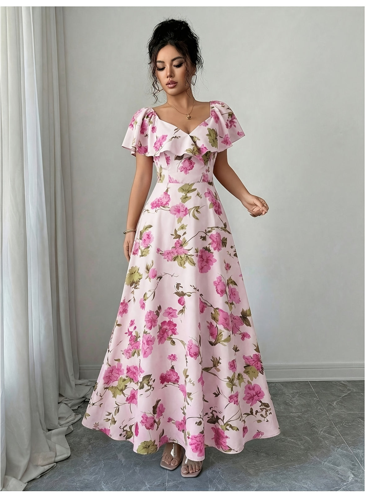 Elegant, Exquisite and Fashionable Floral Print Ruffle Flutter Sleeve A-line Long DressWaist-cinching Figure-flattering Maxi Dress, Women's Bridesmaid DressSuitable for Wedding Guests, Bridesmaids, Vacation, Dating and Party Wear - Pink