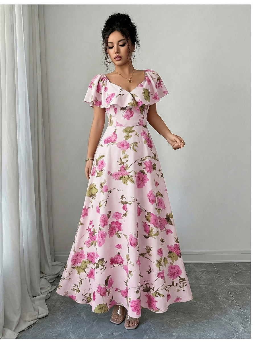 Elegant, Exquisite and Fashionable Floral Print Ruffle Flutter Sleeve A-line Long DressWaist-cinching Figure-flattering Maxi Dress, Women's Bridesmaid DressSuitable for Wedding Guests, Bridesmaids, Vacation, Dating and Party Wear - Pink