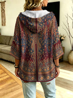 Plus Size, European and American Vintage Style Plus-Size Hooded Sweatshirt with Paisley Print and Wooden Button Cardigan Design. Loose Batwing Sleeves Conceal and Slim the Figure, Ethnic Style Couple's Outerwear, Showcasing Bohemian Fashion Charm - Multicolor 1