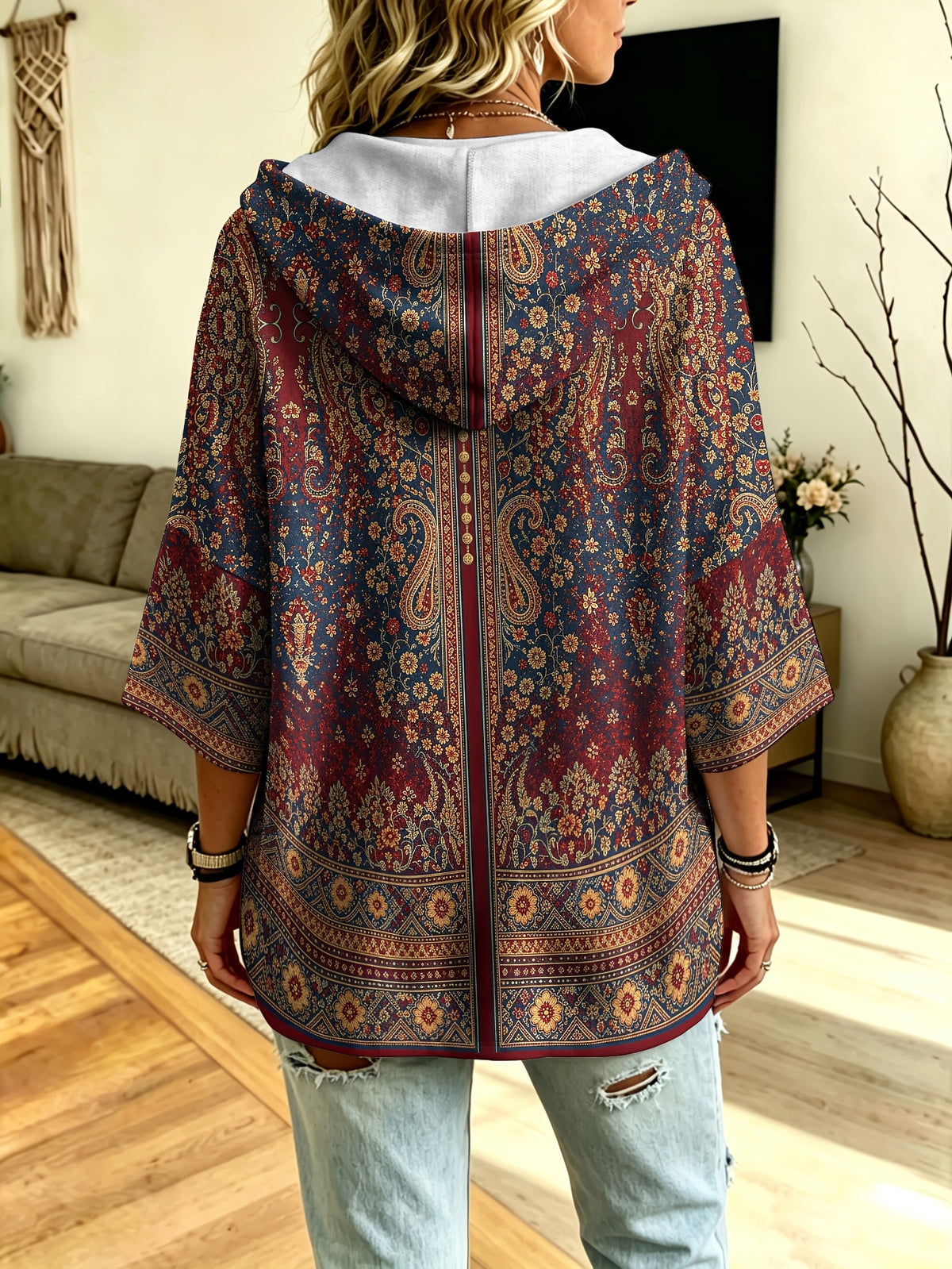 Plus Size, European and American Vintage Style Plus-Size Hooded Sweatshirt with Paisley Print and Wooden Button Cardigan Design. Loose Batwing Sleeves Conceal and Slim the Figure, Ethnic Style Couple's Outerwear, Showcasing Bohemian Fashion Charm - Multicolor 1