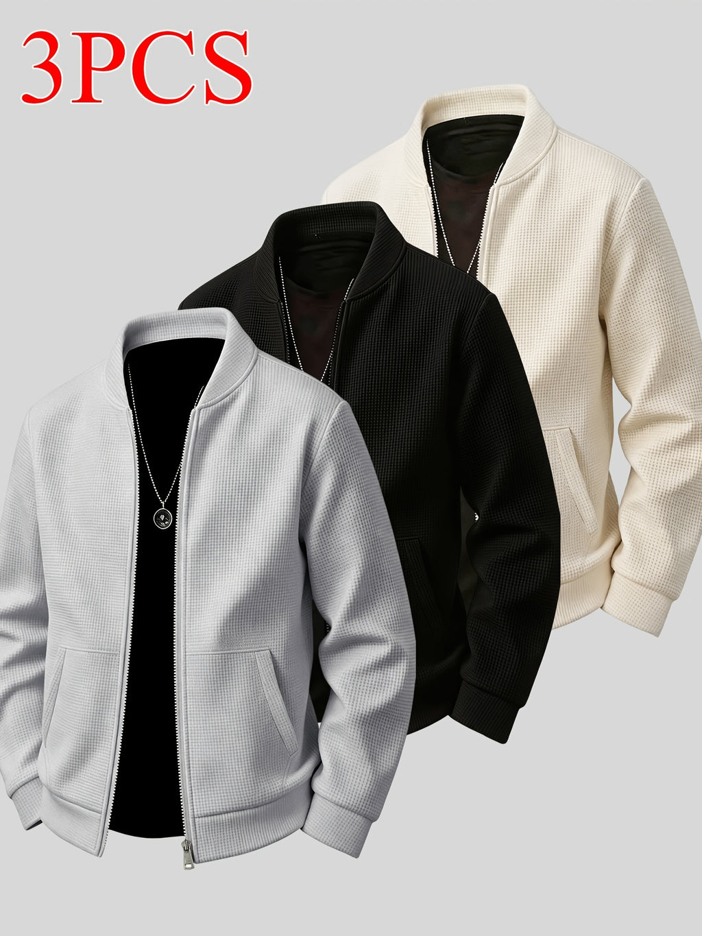 [Qiaoximei OBM] Spring/Autumn Men'S Solid Texture Small Waffle Fabric Jacket 3pcs Set, Versatile Comfortable Casual Fashion Men'S Top Outerwear, Best Men'S Holiday Gift - Gray+Black+Khaki