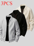 [Qiaoximei OBM] Spring/Autumn Men'S Solid Texture Small Waffle Fabric Jacket 3pcs Set, Versatile Comfortable Casual Fashion Men'S Top Outerwear, Best Men'S Holiday Gift - Gray+Black+Khaki
