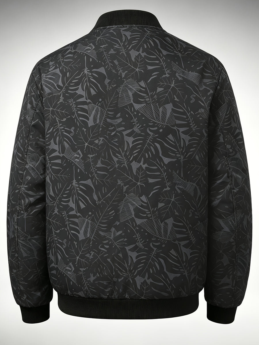 Men's Baseball Collar Print Casual Jacket, Outdoor Windproof Coat with Zipper Pockets Warm Soft Jacket - Black