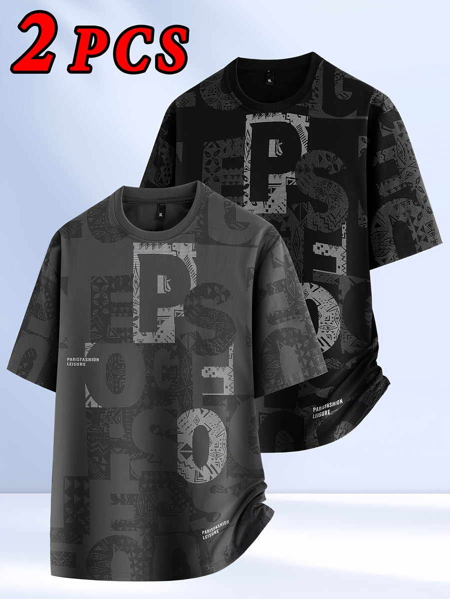 2pcs Men's Short Sleeve T-Shirts, Summer Fashion All-Over Print Short Sleeve Tees, Loose Fit Letter Print Stretch Short Sleeve Sport Tops, Youth Crew Neck Breathable Trendy T-Shirts, Suitable for Daily Wear, College, Street, and Sporty Outfits - 2 pieces - Gray + Black