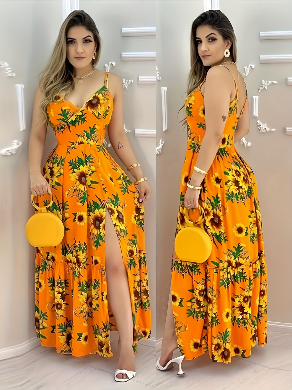 Women's New Elegant Printed Slit Spaghetti Suspender Dress - Casual Party Vacation Maxi Dress, Fashionable Casual Attire - Mixed colors