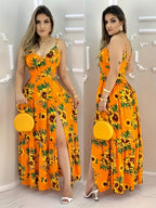 Women's New Elegant Printed Slit Spaghetti Suspender Dress - Casual Party Vacation Maxi Dress, Fashionable Casual Attire - Mixed colors