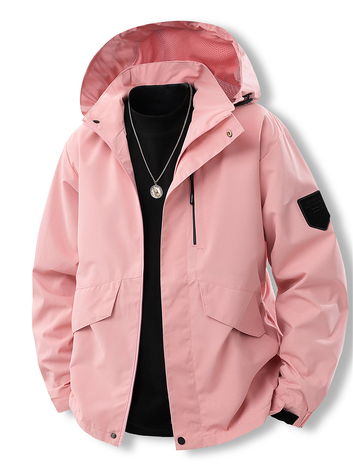 Men's Spring/Autumn Long-Sleeve Loose Hooded Jacket, Casual Outdoor Sports Zip-Up Jacket, Men's Camping Hiking Fishing Hooded Outdoor Apparel - Pink Color