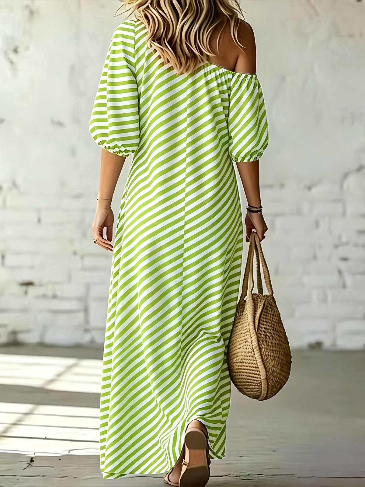 Women'S Elegant Asymmetrical Shoulder Stripe Long Dress, Summer Bohemian Vacation Loose Short Sleeve Maxi Skirt - Yellow-green