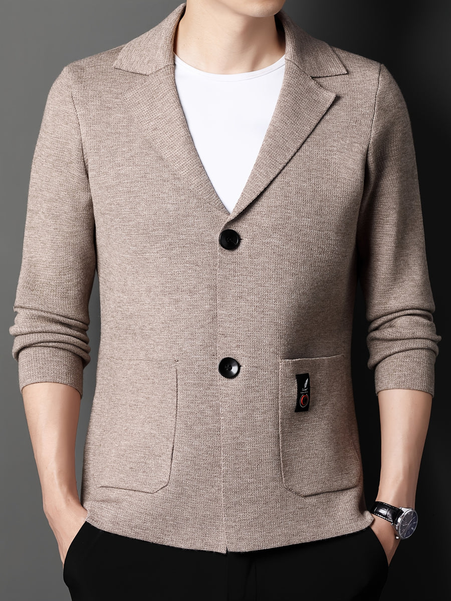 Du Jing Lan OBM New Spring/Summer Men's Knit Cardigan, Old Money Style Solid Color Suit Lapel Long Sleeve Open Front Knit Cardigan, Men's Business Casual Fashion Single-Breasted Ribbed Sweater Jacket with Side Pockets, Suitable for Layering - Khaki