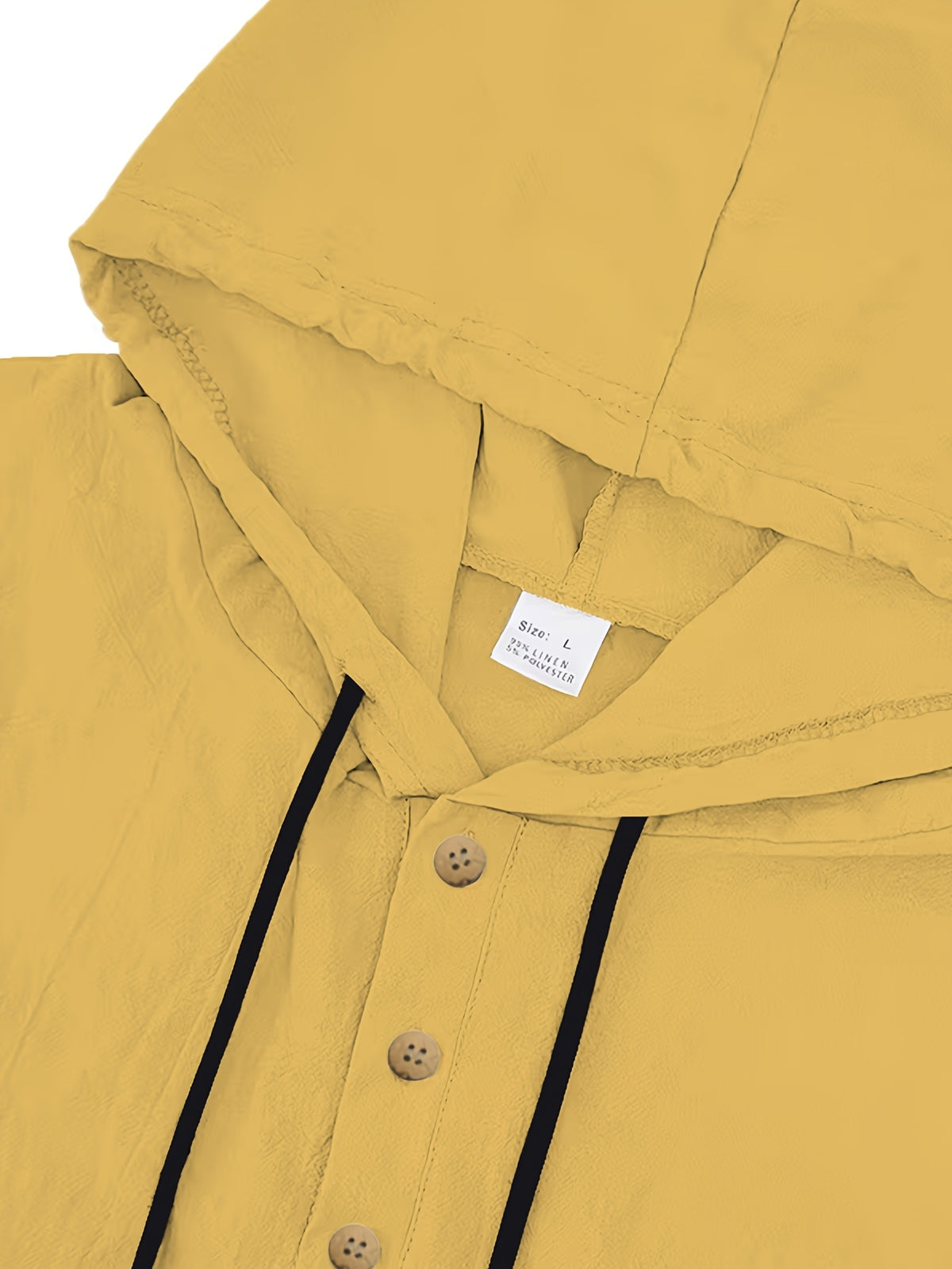 Lightweight Linen Hooded Henley Shirt with Contrast-color Drawstring and Textured Fabric, a Loose-fitting Long-sleeve Top for Daily Commutes and Seaside Outings - Yellow