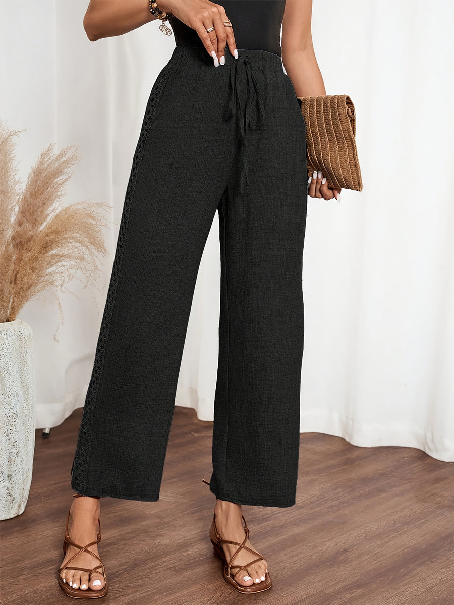 Women'S Solid Color Long Pants, Side Seam Lace Trim, Casual Wear, Loose Trousers - Black