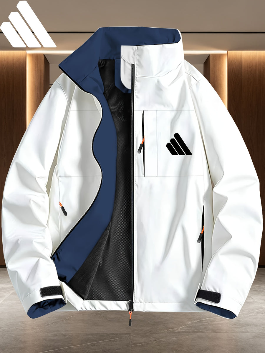 Minimalist Three-Slash Pattern Contrast Lining Full-Zip Stand Collar Windproof Jacket, Unisex Spring/Autumn White Multi-Pocket Outdoor Windbreaker - White