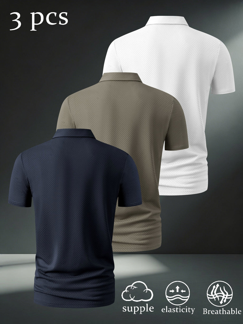 3pcs Men'S Casual Polo Shirt Set, Creative Print Patterns, Short Sleeve, Golf And Outdoor Sports Apparel, Breathable Comfortable Fabric, Regular Fit - Navy blue + khaki + white