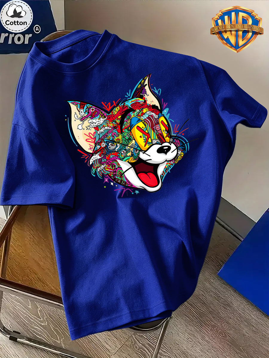 Cartoon Pattern Print T-Shirt, Round Neck Design, Pure Short Sleeve Street Casual Wear. Easy And Comfortable, Versatile Summer Short Sleeve T-Shirt, Suitable for Men'S Outdoor Activities, Gym Studio, Office Daily Wear - Royal Blue