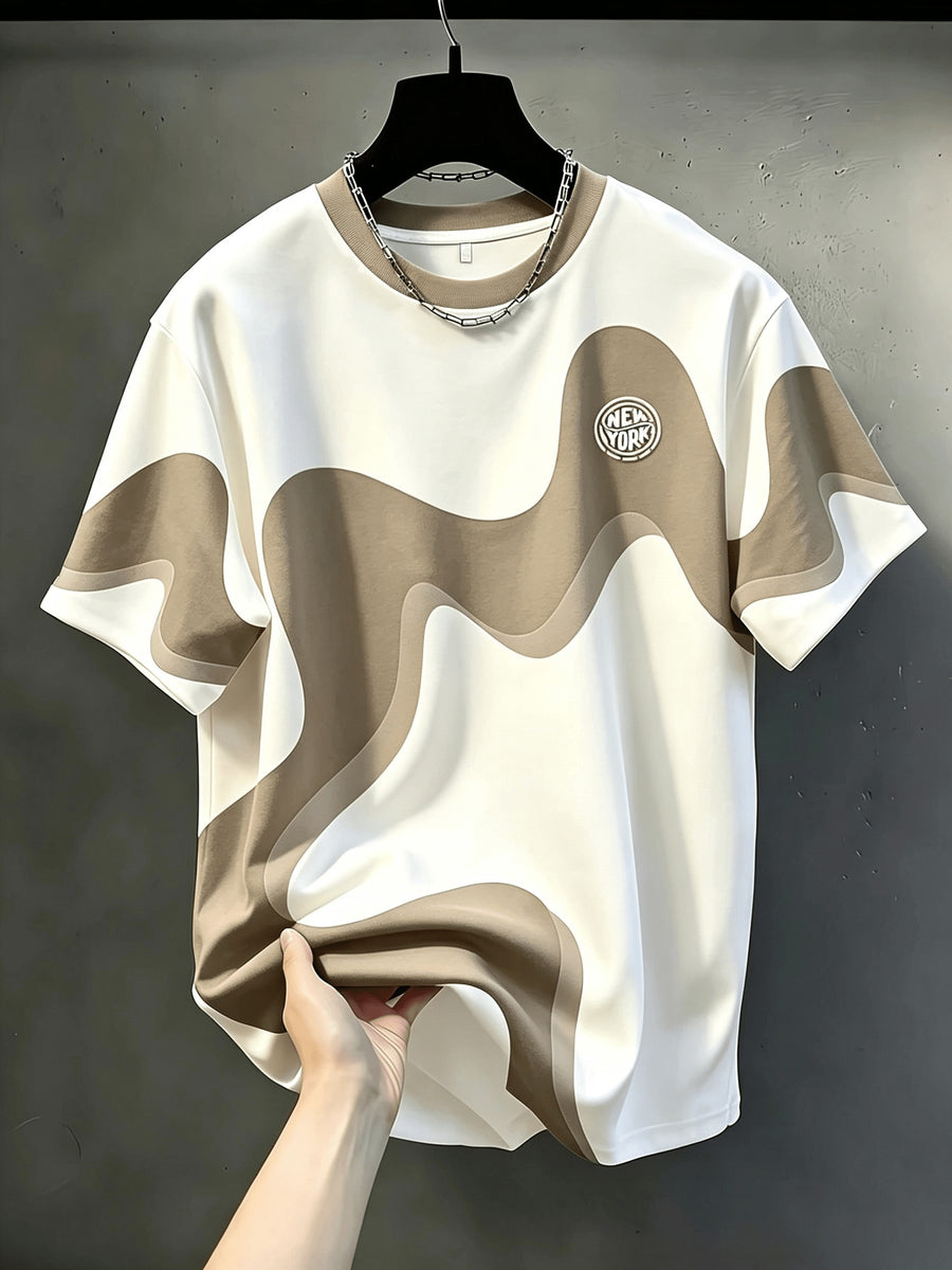 Men's Casual Crew Neck T-shirt, Striped Design, "NEWYORK" Text Pattern, Stylish Top with a Draping Effect, Breathable Regular Fit for Everyday and Formal Wear- Crew Neck Casual Top, Comfortable to Wear, Gift for Teenagers and Adults - Multicolor