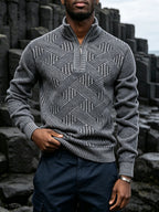 New Autumn/Winter Men's Half-Zip Stand Collar Diamond Knit Long-Sleeve Sweater. Features a Stand-up Collar with a Half-zip Design, Suitable for Pairing with Autumn/winter Outerwear or Wearing Alone. -lined and Thickened, It Is Versatile for Daily - Light Grey
