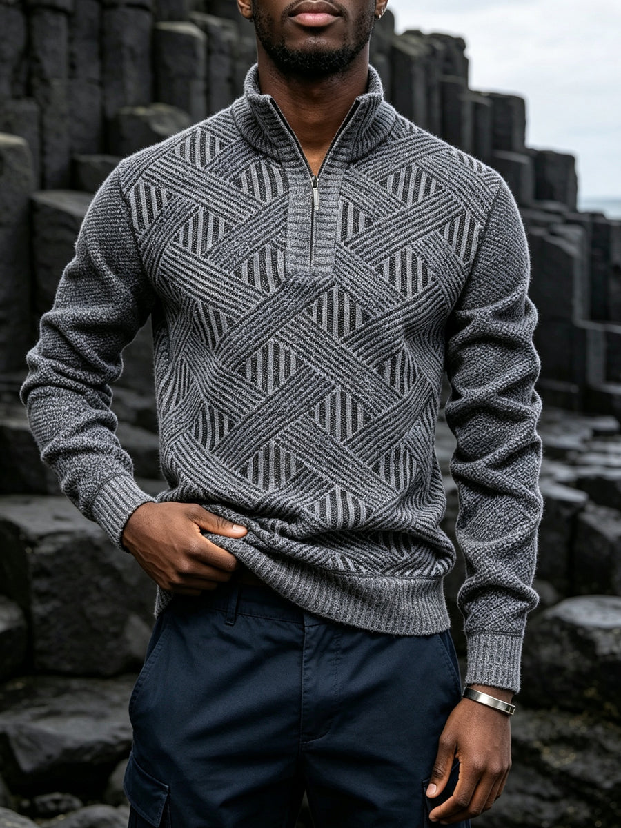 New Autumn/Winter Men's Half-Zip Stand Collar Diamond Knit Long-Sleeve Sweater. Features a Stand-up Collar with a Half-zip Design, Suitable for Pairing with Autumn/winter Outerwear or Wearing Alone. -lined and Thickened, It Is Versatile for Daily - Light Grey