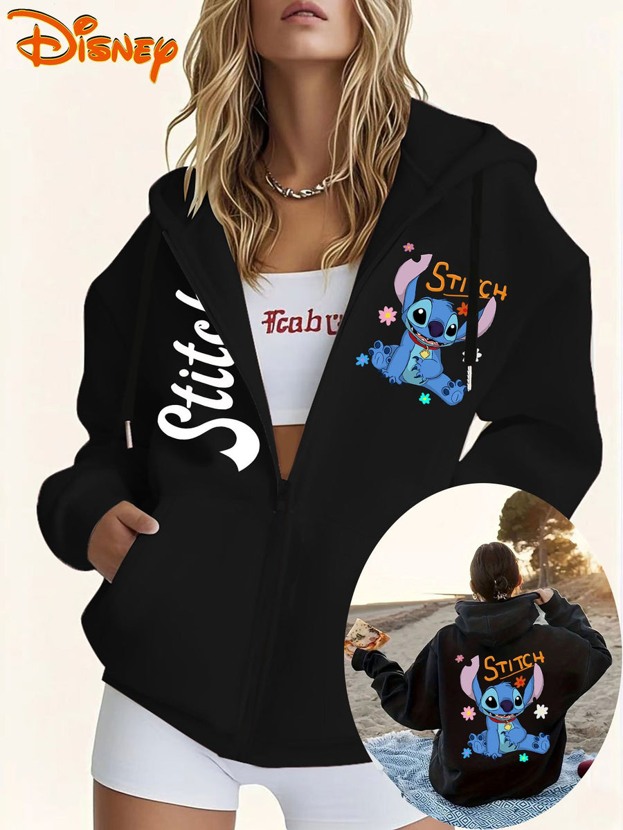 Disney Licensed Women'S Casual Hooded Sweatshirt with Prints And Text, Stitch Cartoon Character with Floral Elements, Disney Multiple Print Women'S Hooded Sweatshirt, Women'S Drawstring Hooded Sweatshirt with Pockets - Black