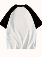 Women's T-shirt with a " Happy Black and White Puppy" Print, Contrast-color Sleeves, Breathable Summer Top, Machine-washable Versatile Clothing, Easy-care Printed Shirt, Fashionable Style with Lightweight Fabric - Light White+Black Color