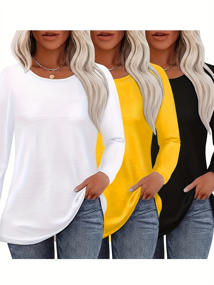 3pcs Long Sleeve Solid Color Women'S T-Shirts, Casual Holiday Outing Versatile Fall Winter Top Round Neck - black+white+yellow