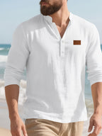 Men's American Style Linen Henley Long Sleeve T-Shirt, for Autumn, Loose Casual Breathable V-Neck Henley Top with Chest Logo Patch - White
