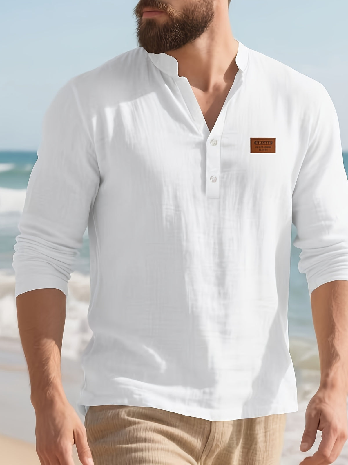 Men's American Style Linen Henley Long Sleeve T-Shirt, for Autumn, Loose Casual Breathable V-Neck Henley Top with Chest Logo Patch - White