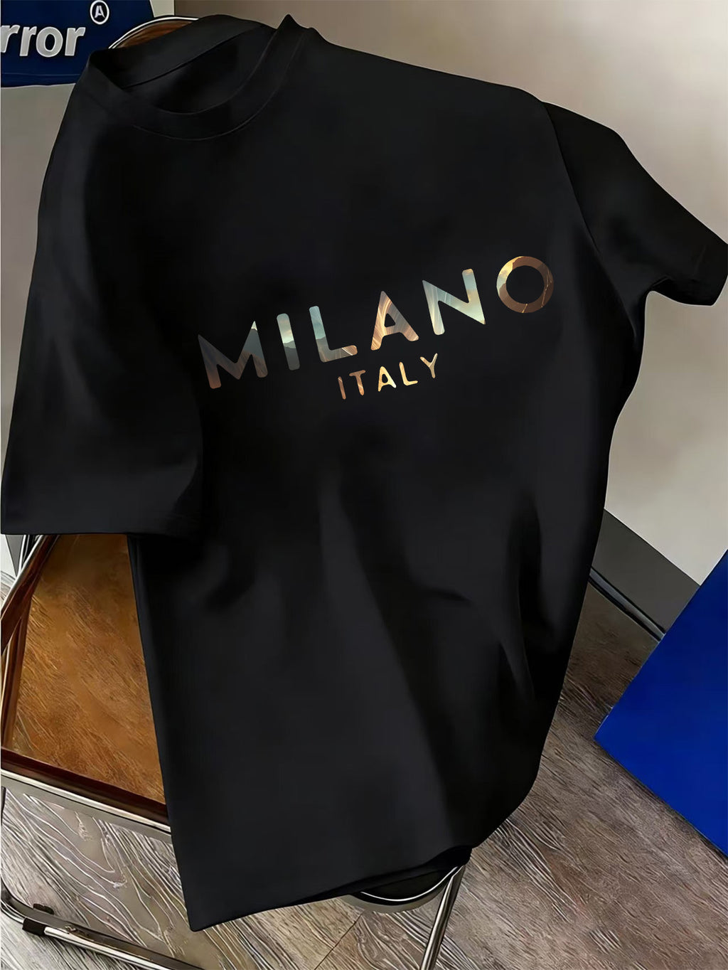 Italian Luxury Style! MILANO Gradient Letter Print Heavyweight Men's Short Sleeve T-Shirt, Trendy Loose Half Sleeve - Black
