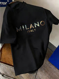 Italian Luxury Style! MILANO Gradient Letter Print Heavyweight Men's Short Sleeve T-Shirt, Trendy Loose Half Sleeve - Black