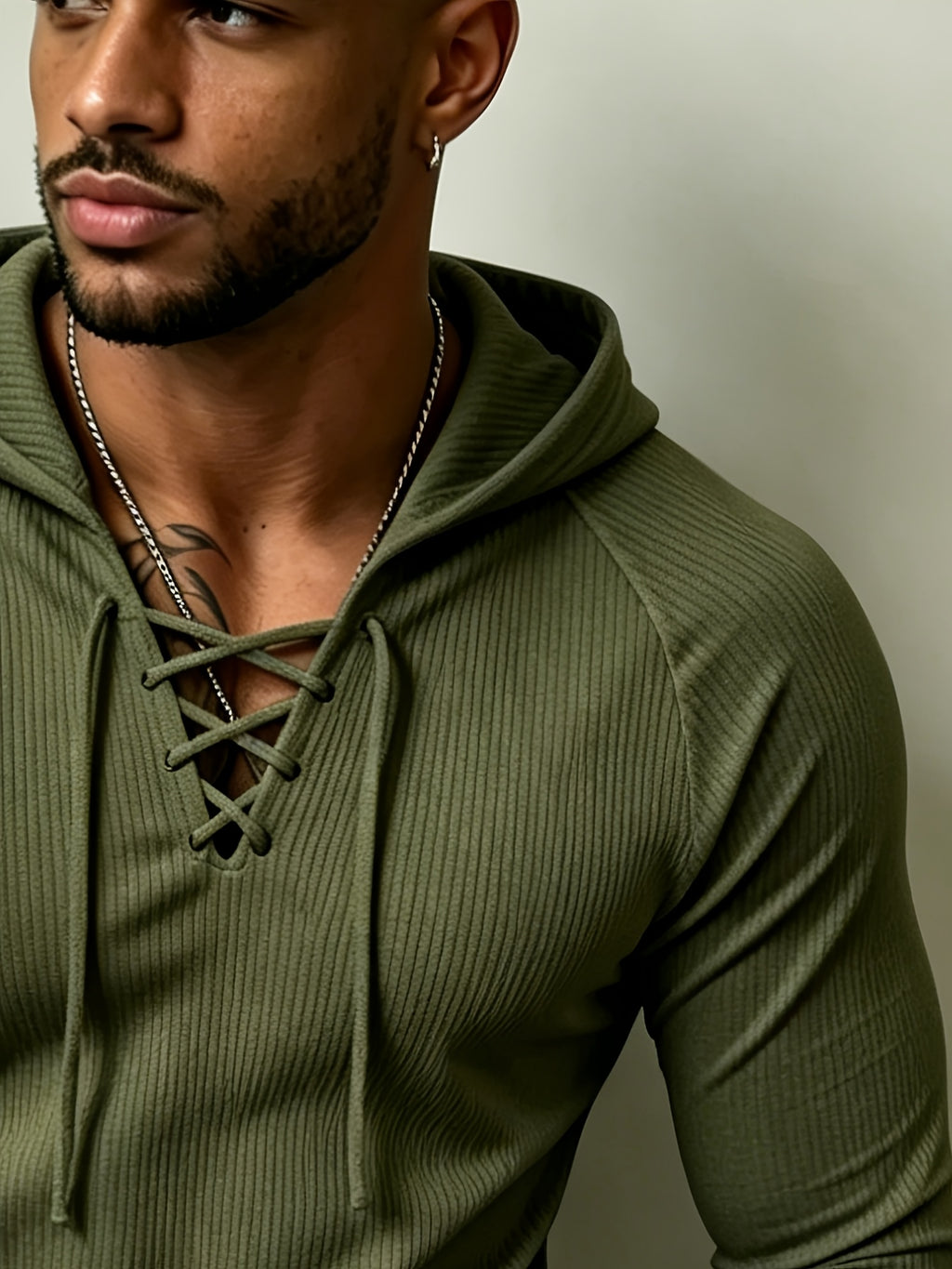 European and American Style Men's Houndstooth Hooded Long Sleeve T-Shirt with Criss-Cross Lace-Up Deep V, Solid Color Stretchy Body-Hugging Sport Hoodie, Versatile Everyday Pullover - Tactical Green