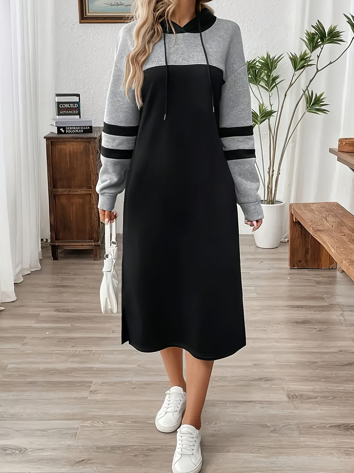 Women'S Elegant Color-Block Patchwork Hooded Long Sleeve Dress - Multicolor A
