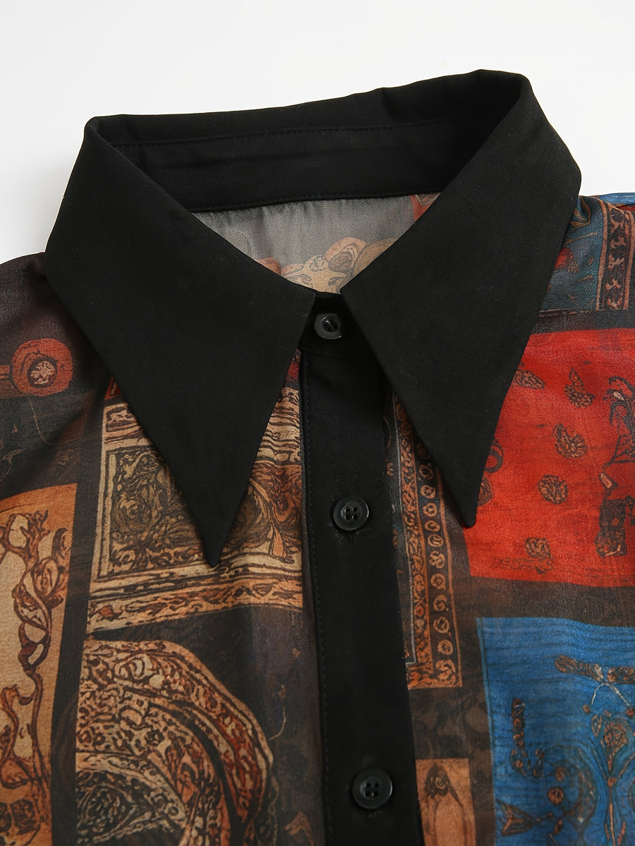 2026 New Bohemian Patchwork Chiffon Shirt, Vintage Print Sheer Blouse, Black Collar Patchwork Chiffon Top, Y2K Vintage Ruffle Sleeve Shirt, Sexy Sheer Patchwork Chiffon Shirt for Date Night, Vintage Chiffon Shirt, Daily Casual Sheer Top - Multicolor