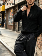 FORLENGKE Autumn/Winter Men's Zipper Cable Knit Cardigan, Three-Dimensional Twisted Floral Texture Knit Outerwear, Solid Color Simple Cuff Long Sleeve Top, Streetwear Commute Daily Casual Wear, Versatile Spring/Autumn Men's Outer Knit Cardigan - Black