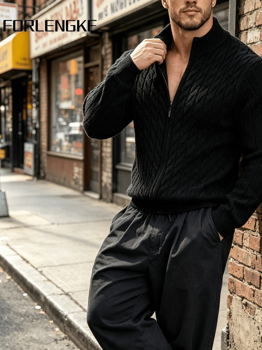 FORLENGKE Autumn/Winter Men's Zipper Cable Knit Cardigan, Three-Dimensional Twisted Floral Texture Knit Outerwear, Solid Color Simple Cuff Long Sleeve Top, Streetwear Commute Daily Casual Wear, Versatile Spring/Autumn Men's Outer Knit Cardigan - Black