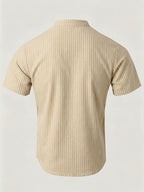 2pcs Men'S Striped Henley Shirt Set, PARIS Chest Print Short Sleeve Shirt, Lightweight Breathable Regular Fit, Suitable for Casual Wear, Travel, And Layering - Black+khaki