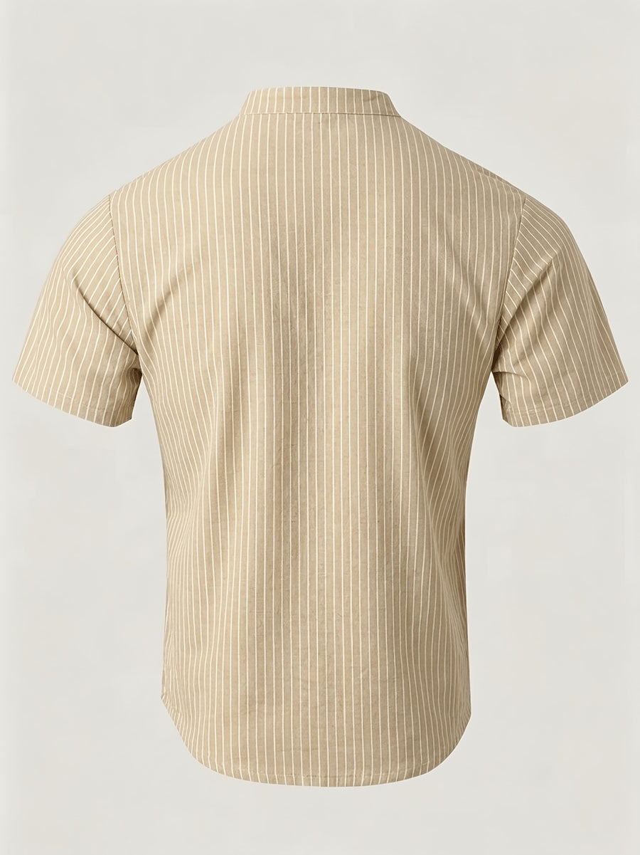 2pcs Men'S Striped Henley Shirt Set, PARIS Chest Print Short Sleeve Shirt, Lightweight Breathable Regular Fit, Suitable for Casual Wear, Travel, And Layering - Black+khaki