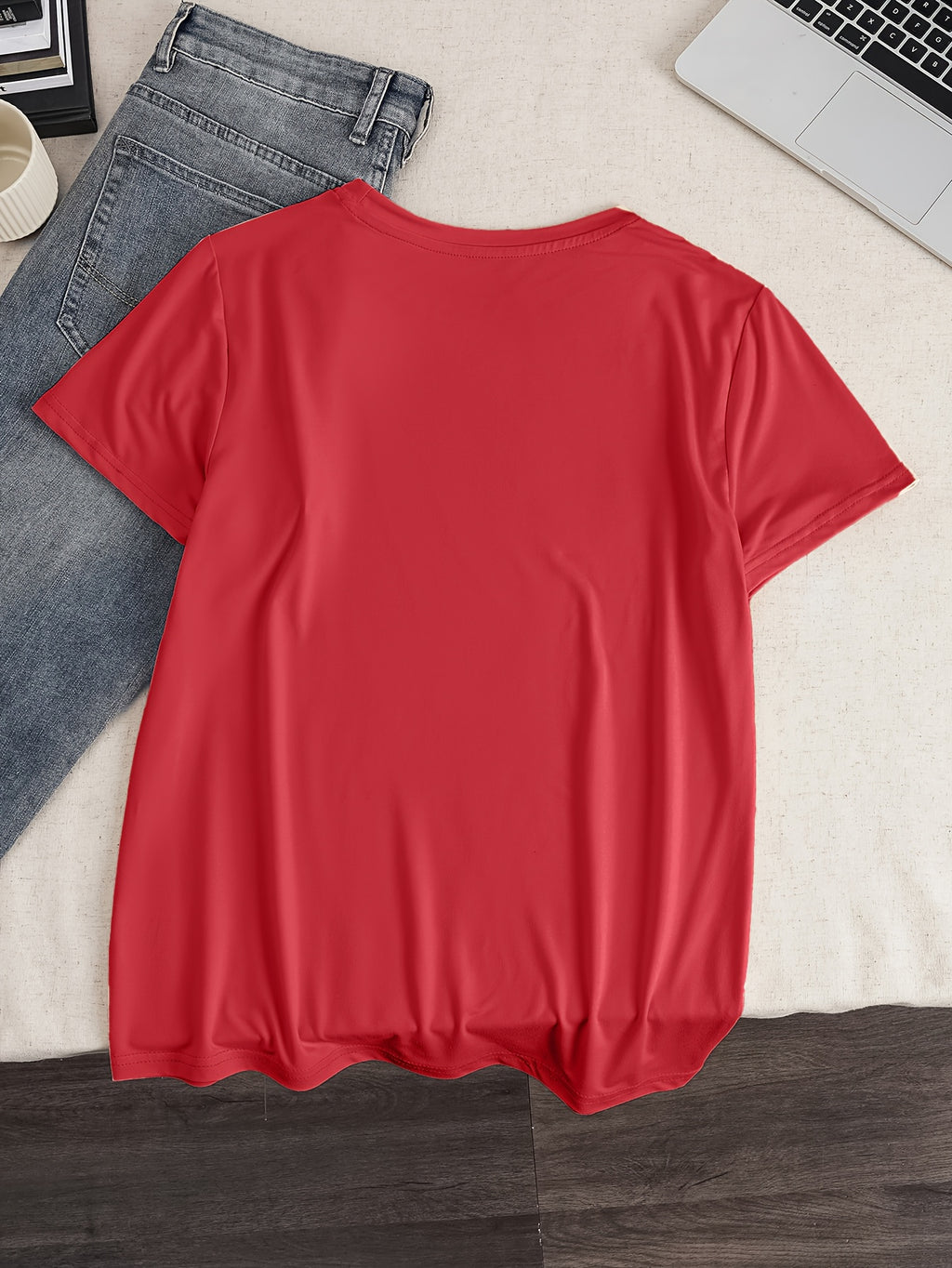 Graphic Print T-Shirt, Short Sleeve Crew Neck Casual Top for Summer & Spring, Women'S Clothing - Red