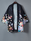 Yukata-Style Vintage Floral Printed Kimono Cardigan, Harajuku-Inspired Modified Haori with Three-Quarter Sleeves, a Short Japanese Outerwear Shawl, Lightweight Cover-Up For, Fashionable Casual Top - Black