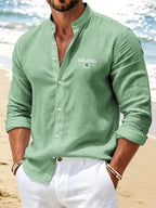 [Qiaoximei OBM] 3pcs Set, Men'S Clothing New Stand-Collar Solid Color Faux Linen Long Sleeve Shirt, Geometric Pattern Stand-Collar Easy Design, Spring Autumn Winter High-Quality Men'S Long Sleeve Stand-Collar Button-Up Shirt - Suitable for Outdoor L - Navy Blue + Light Green + Lotus Root Pink