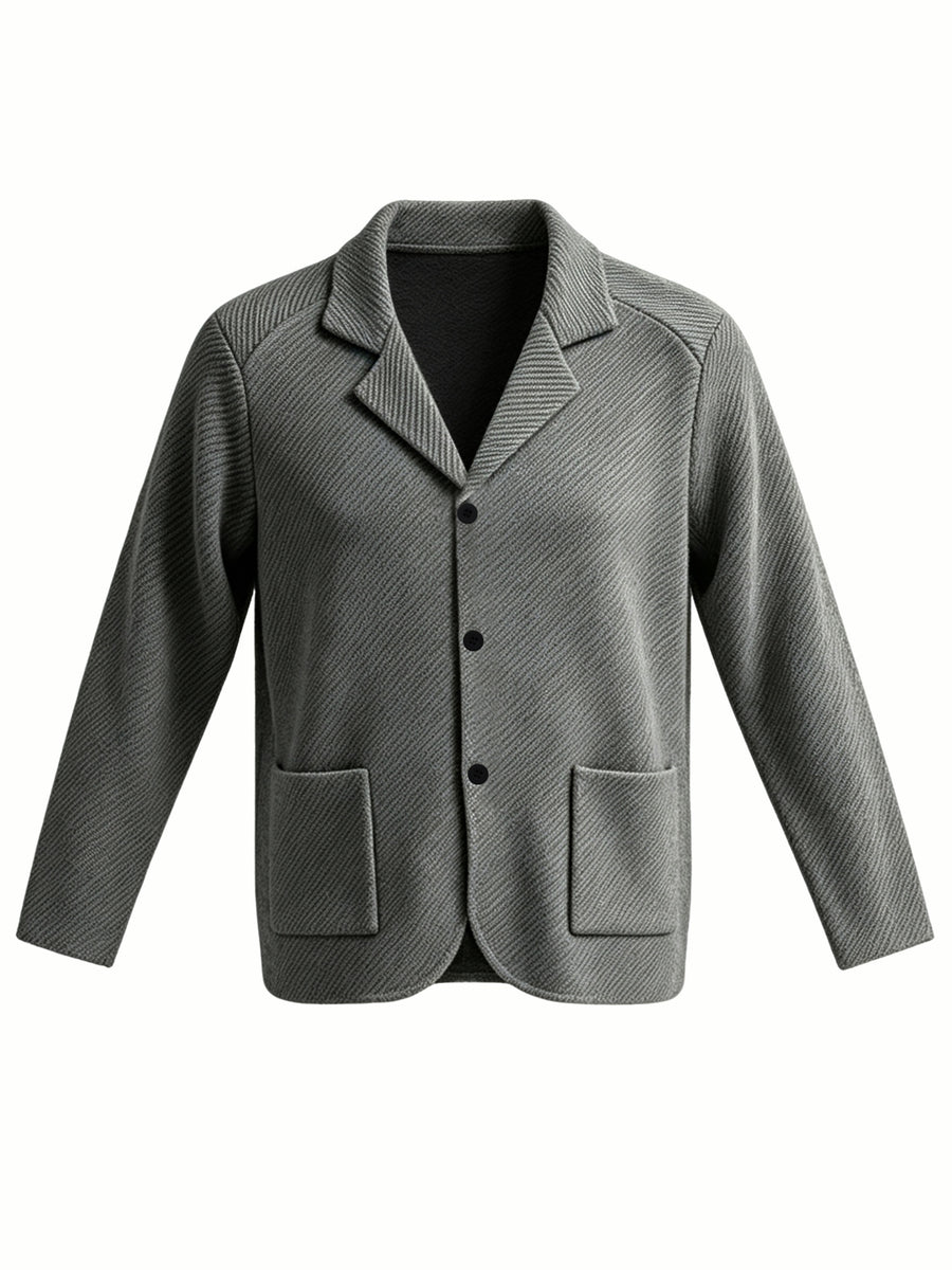 Men'S Spring Autumn New Pinstripe Textured Fabric Blazer Collar Cardigan Single Button Double Pocket Business Casual All-Match Long Sleeve Jacket, Knit Soft Comfortable Fashion Solid Color Outerwear Suitable for Daily Outings, Dates, Holidays - Grey