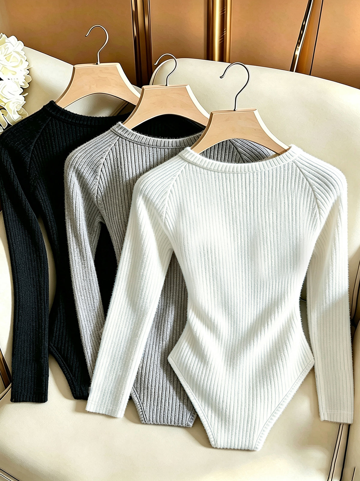 3pcs Women'S Elegant Ribbed Brushed Long Sleeve Jumpsuit, High-Stretch Round Neck Ribbed Top - Black+white+gray