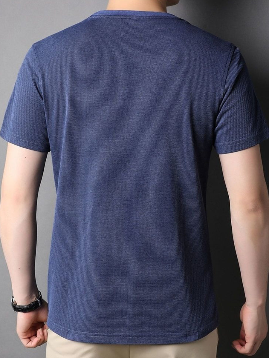 Men's Round Neck Short Sleeve with Shoulder Embroidery, Practical Chest Pocket in Waffle Breathable Fabric and Washed Distressed Finish - Navy Color