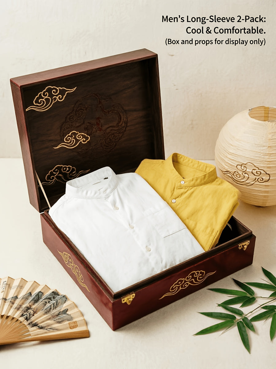 Men's Autumn Linen Long Sleeve Shirt 2pcs, Stand Collar Loose Fit, Breathable & Comfortable, Vintage Chinese Style for Daily Commute & Casual Wear, Gift Box Packaging for Gifting or Personal Use (Box and Props for Display Only) - White + Yellow