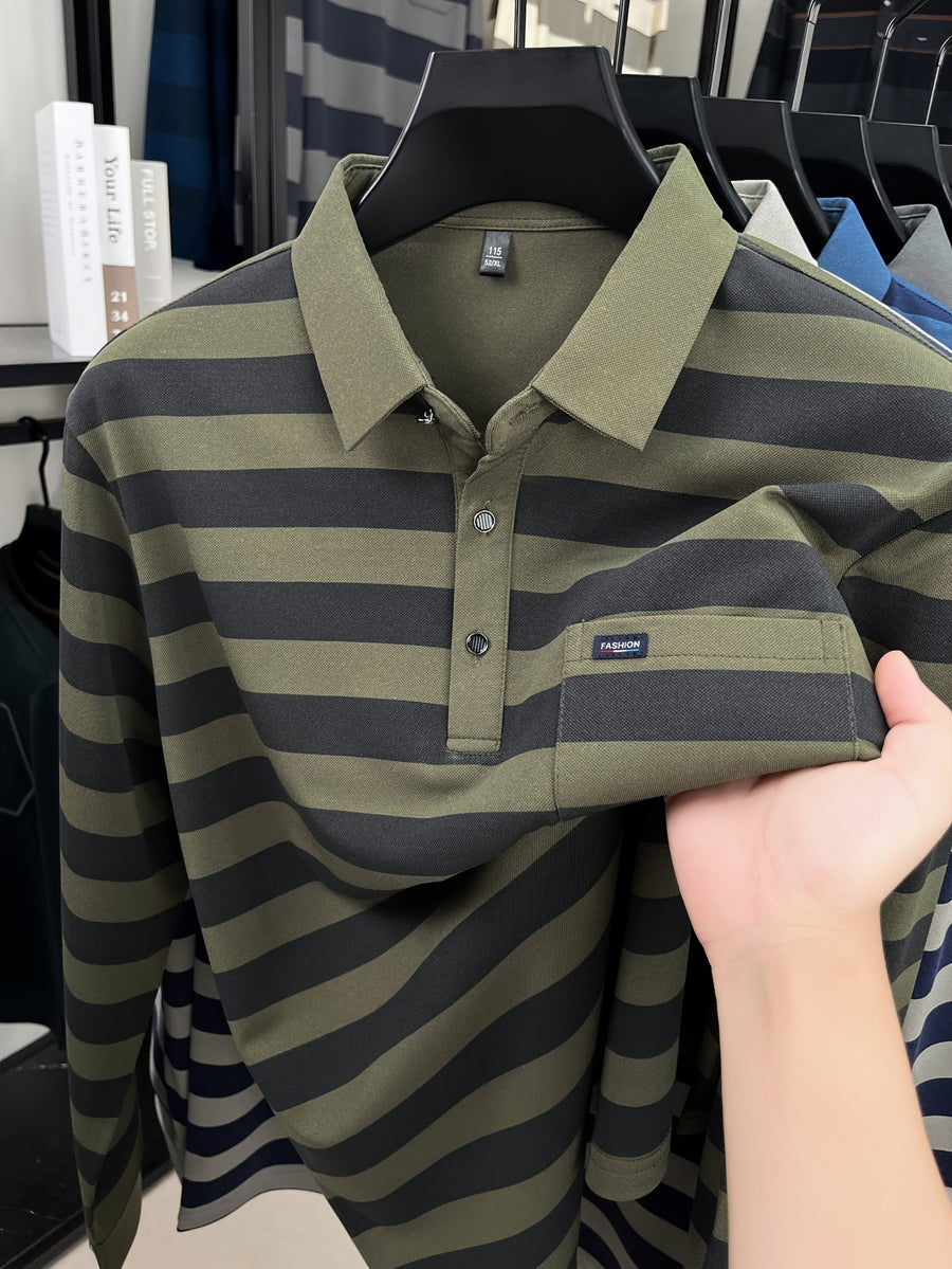 Minimalist Urban Striped Long-Sleeve Polo Shirt for Portable Daily Commuting - Army Green