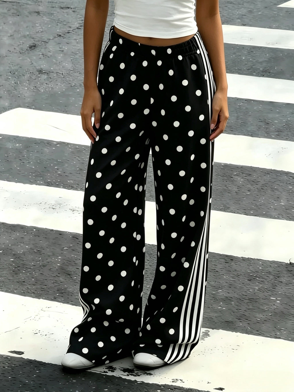 Women's New Fashion Black and White Polka Dot Side Stripe Wide-leg Pants, High-waisted,, Versatile, Straight-leg Trousers, New Style Long Pants Suitable for Outdoor Wear - Mixed Color 1